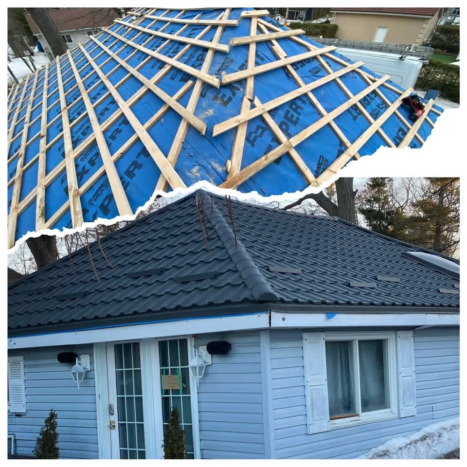 Strapping over blue underlayment on a hip roof, and the same home finished with charcoal metal tile roofing