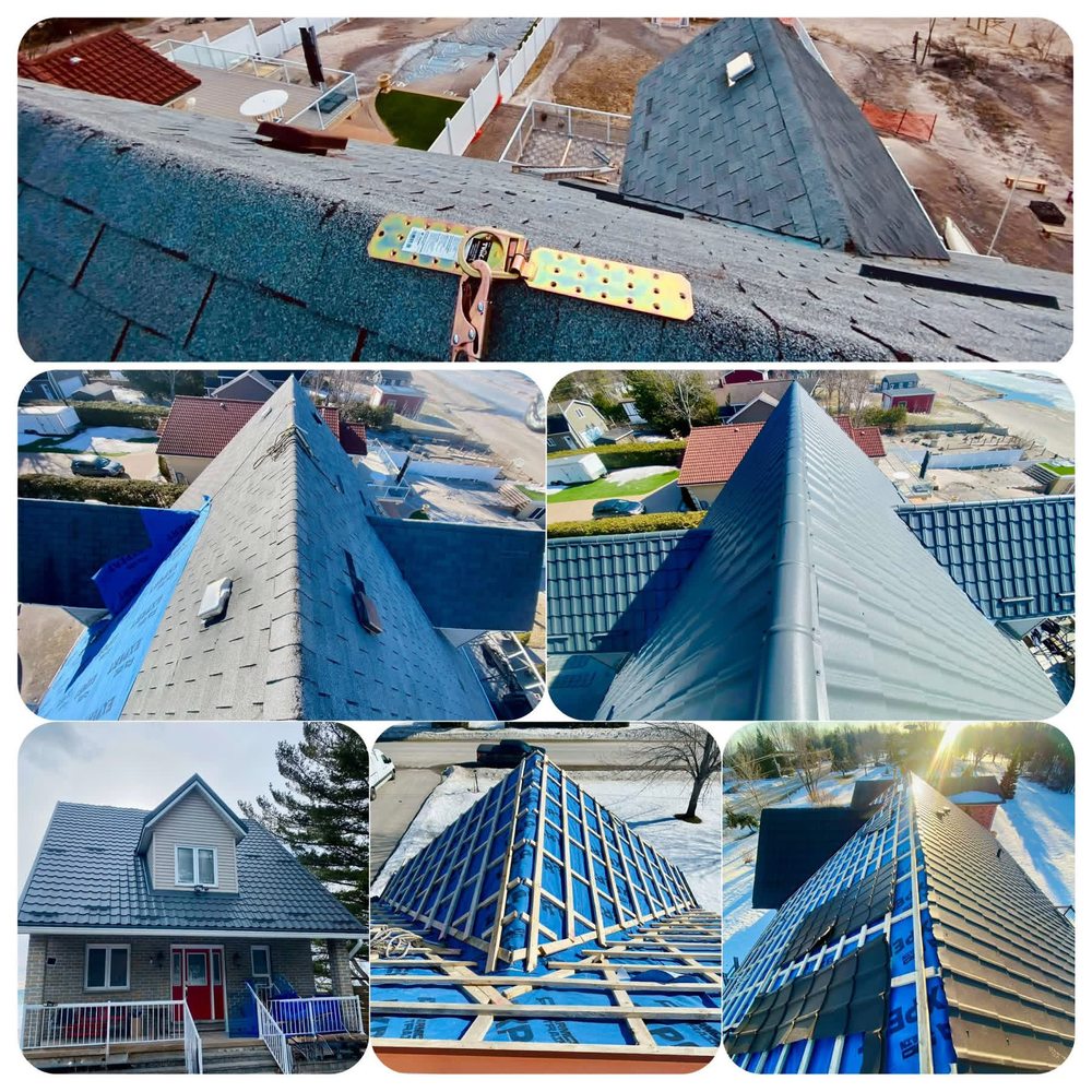 Calthorpe crew photos from a metal roof installation: anchor points, ridge detail, strapping and the finished home