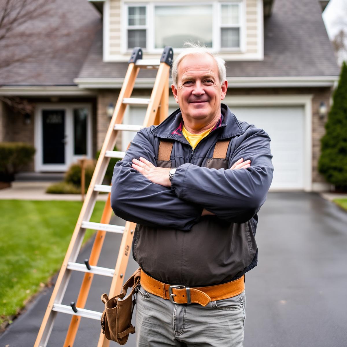 Joe, owner of Calthorpe Roofing, standing beside his ladder outside an Oakville home