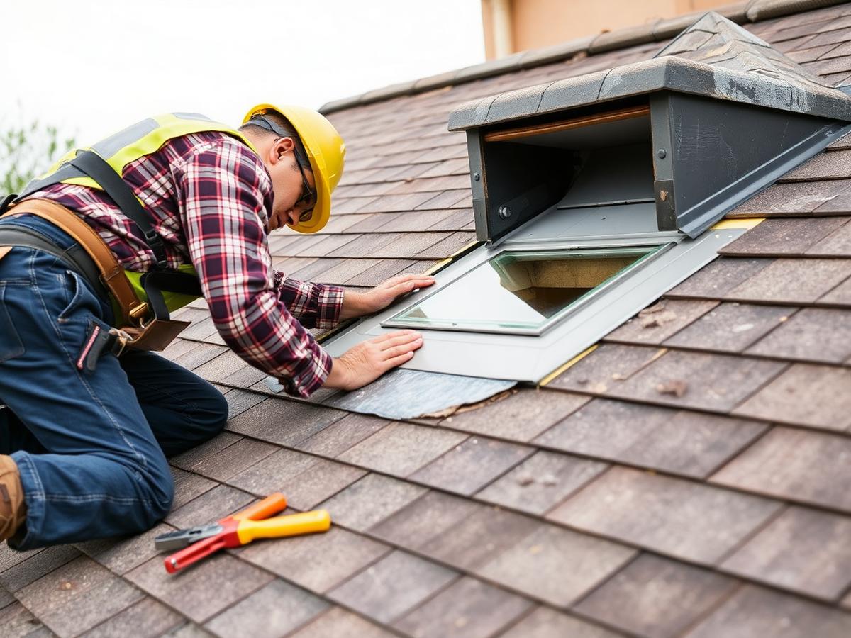 Roofer repairing flashing around a roof opening
